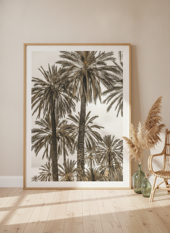 Oversized statement modern wall art print leaning against the wall in a coastal living room
