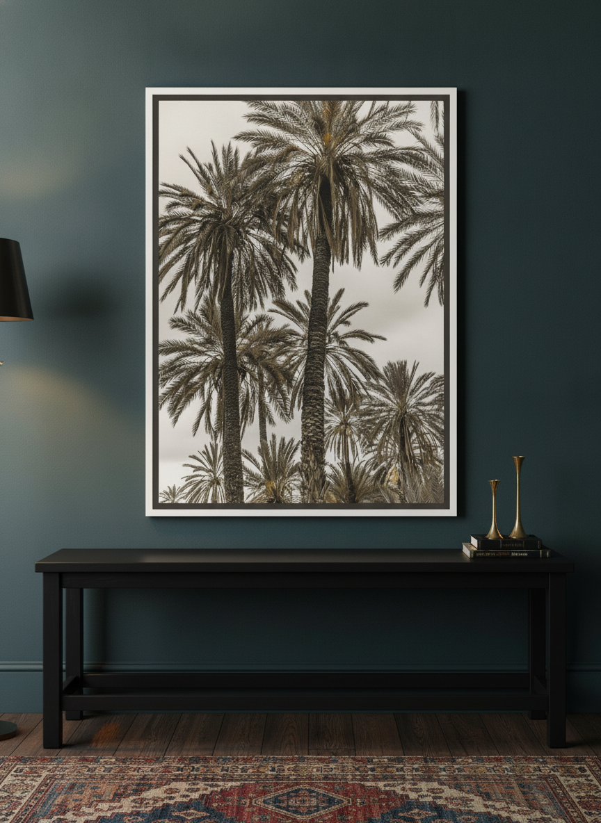 Canvas wall art with a white surround standing on a console in a moody bedroom