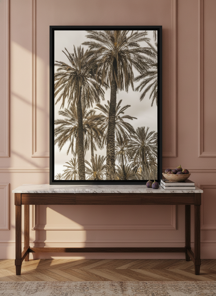 Canvas wall art with a black surround standing on a console in a Parisian living room