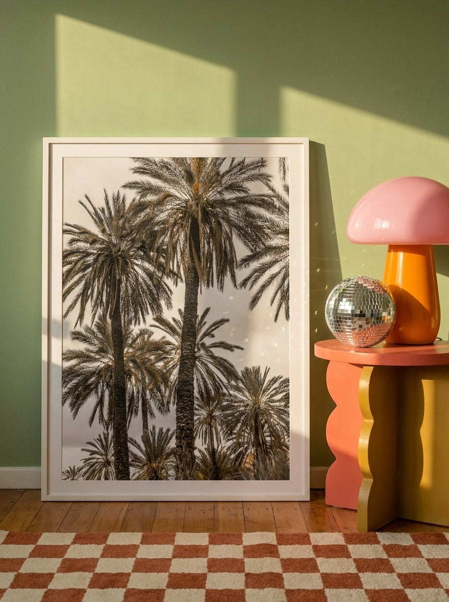 Modern wall art print leaning against the wall in a colourful eclectic bedroom