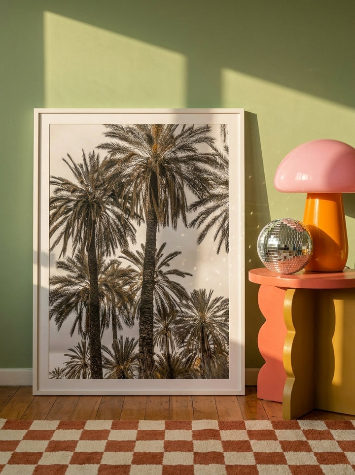 Modern wall art print leaning against the wall in a colourful eclectic bedroom