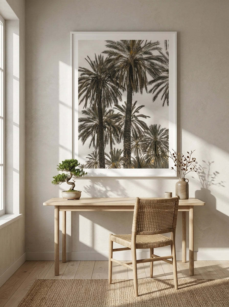 Modern wall art print styled on the wall in a warm Japandi home office