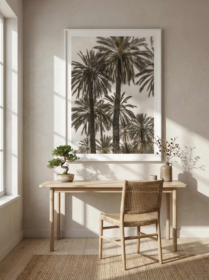 Modern wall art print styled on the wall in a warm Japandi home office