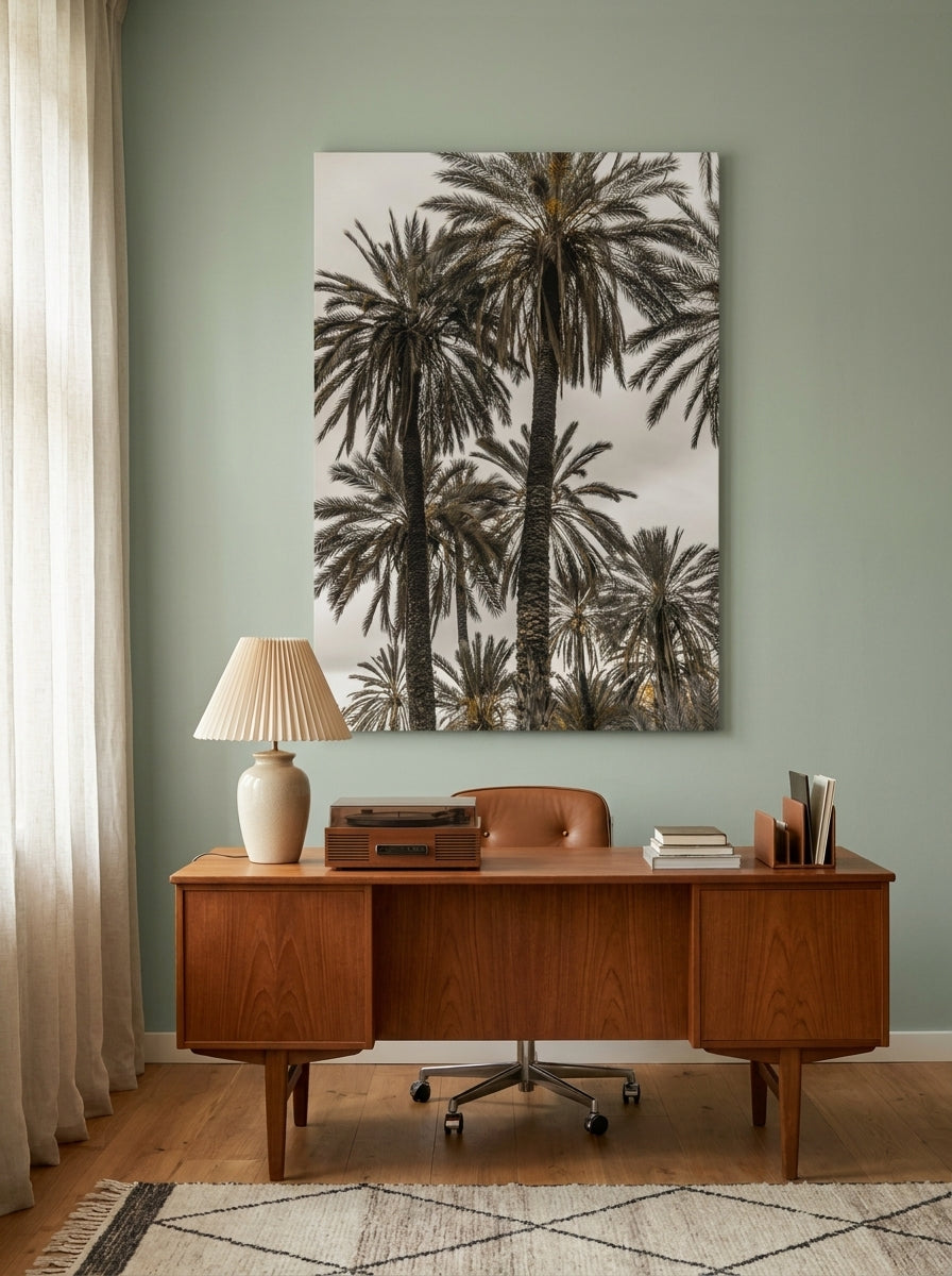 Stretched canvas wall art styled on the wall in a mid-century home office