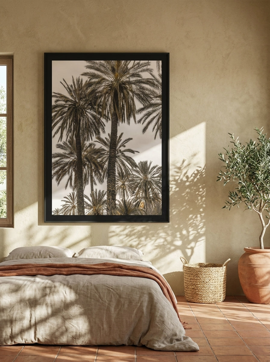 Oversized statement modern wall art print styled on the wall in a Mediterranean bedroom