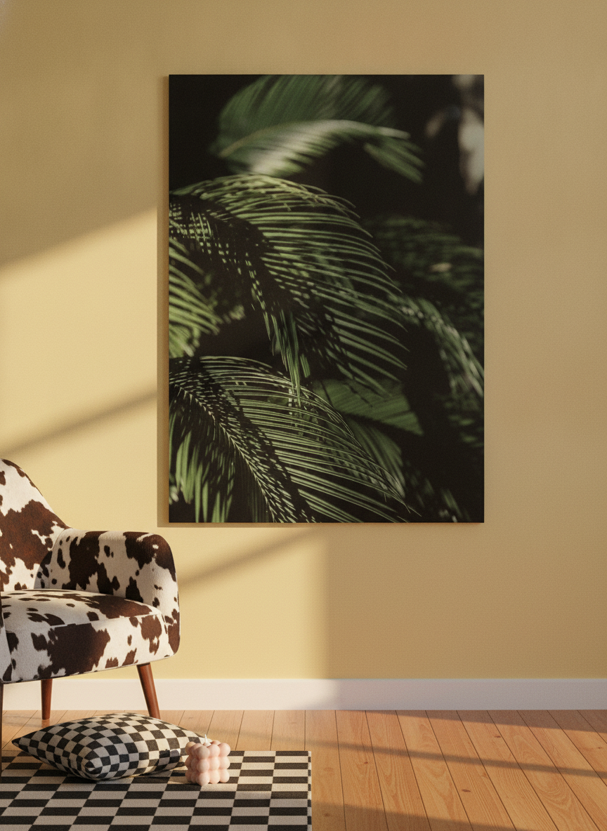 Stretched canvas wall art leaning against the wall in a colourful eclectic bedroom