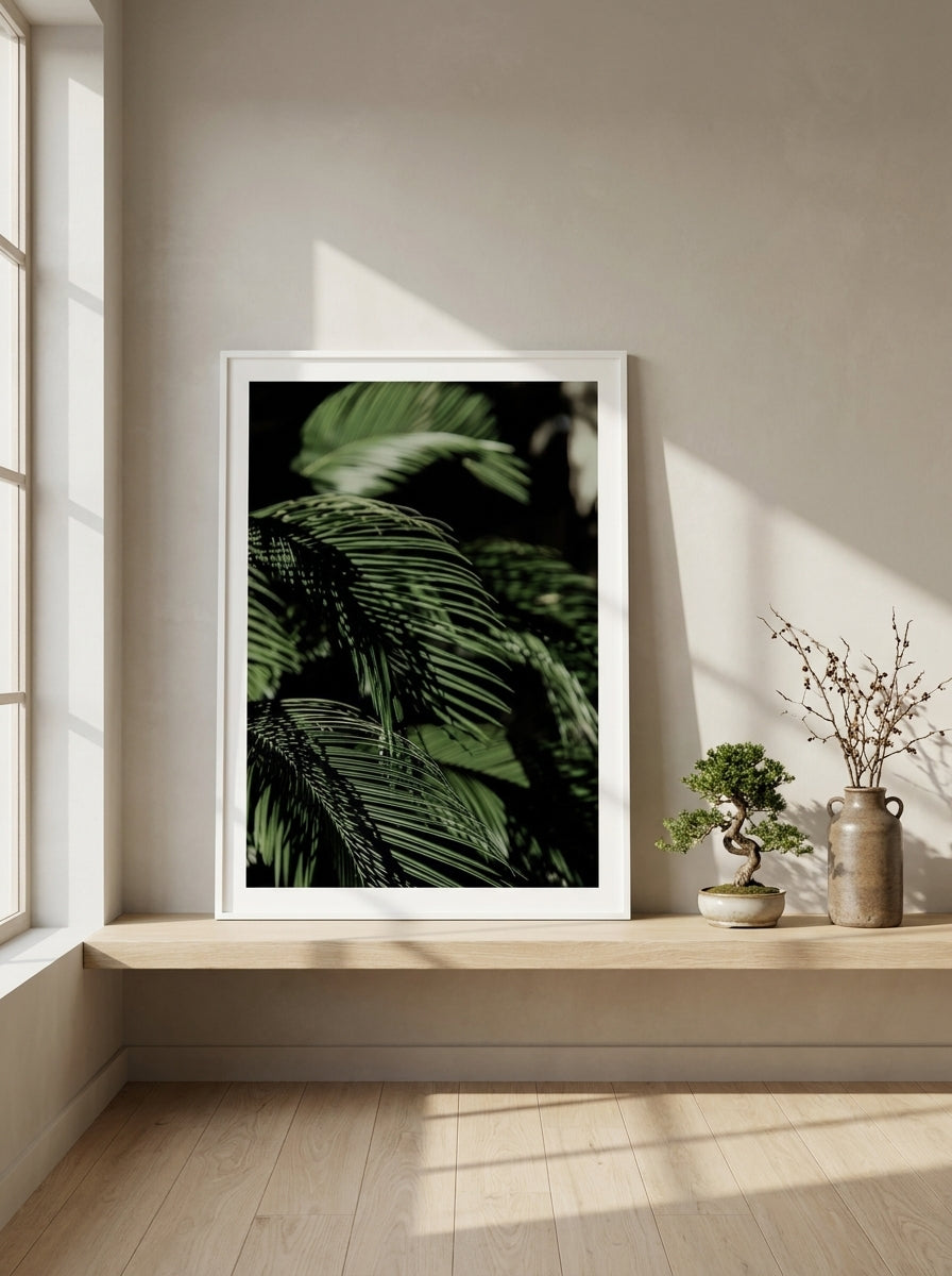 Modern wall art print standing on a shelf in a warm Japandi home office