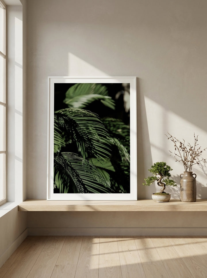 Modern wall art print standing on a shelf in a warm Japandi home office