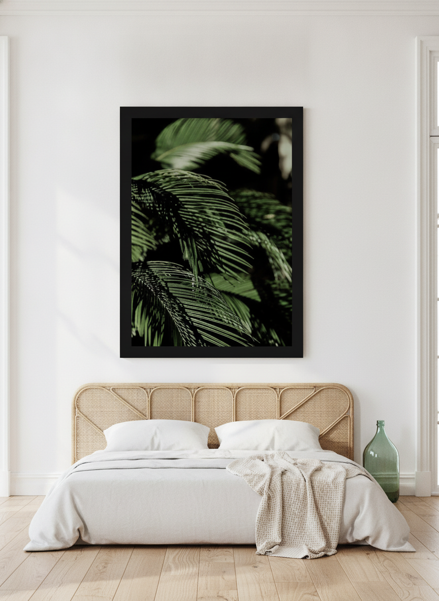 Oversized statement modern wall art print styled on the wall in a coastal bedroom