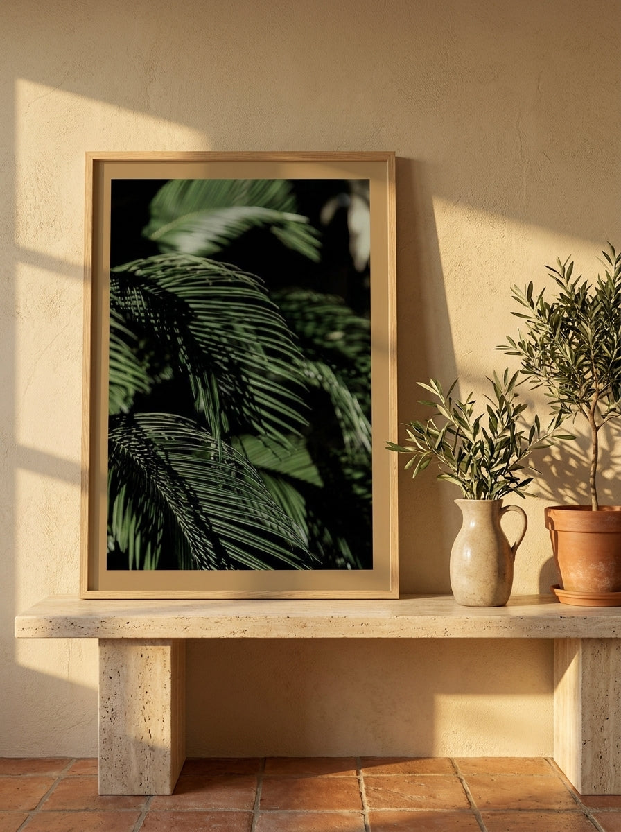 Modern wall art print standing on a console in a Mediterranean bathroom