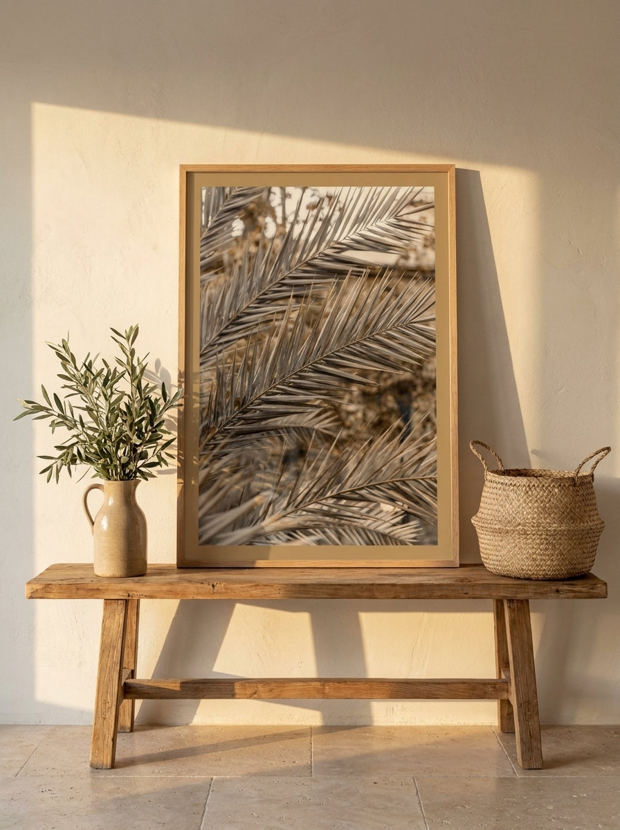 Modern wall art print standing on a bench in a Mediterranean home office