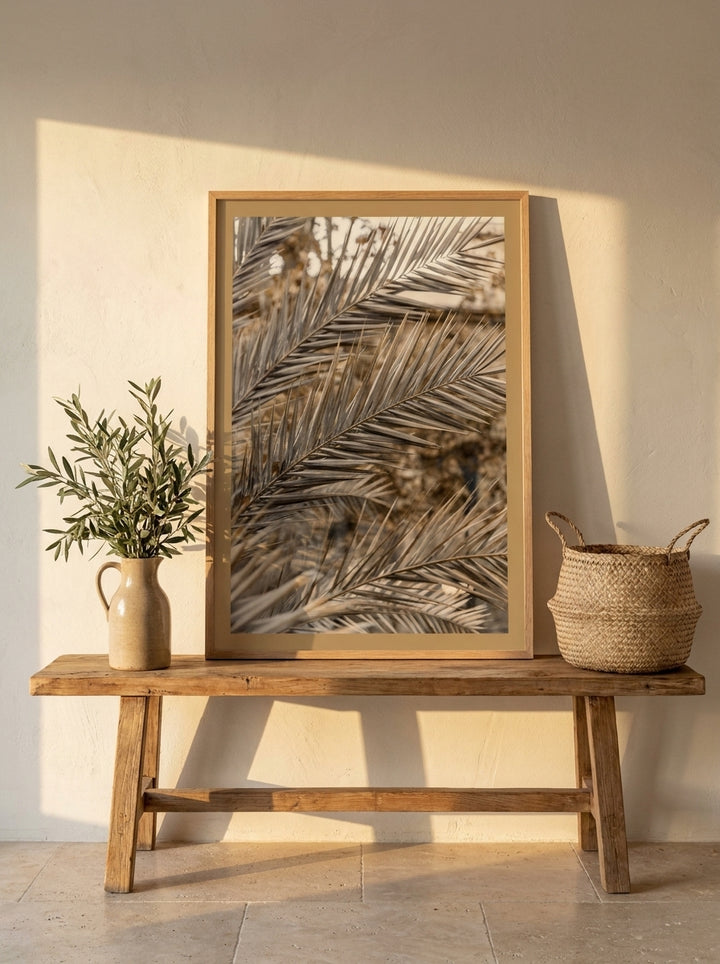 Modern wall art print standing on a bench in a Mediterranean home office