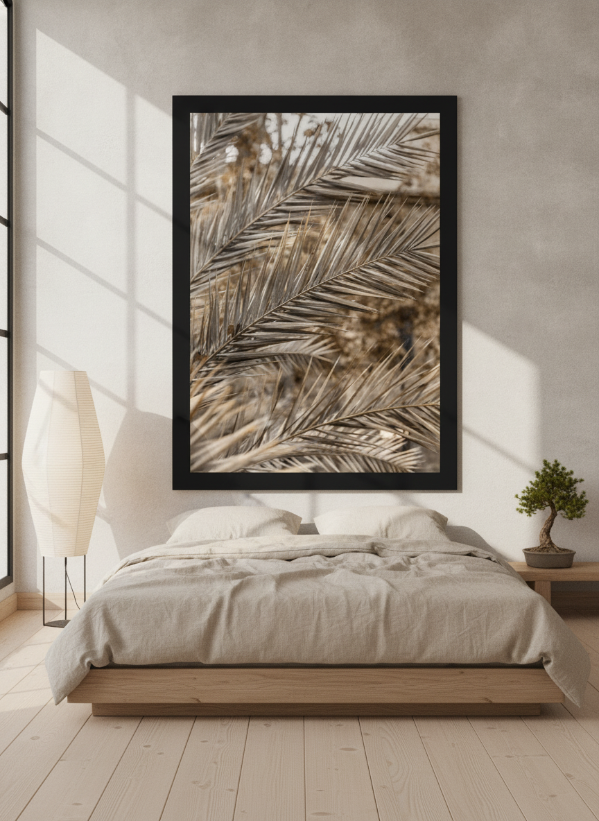 Oversized statement modern wall art print styled on the wall in a warm Japandi bedroom