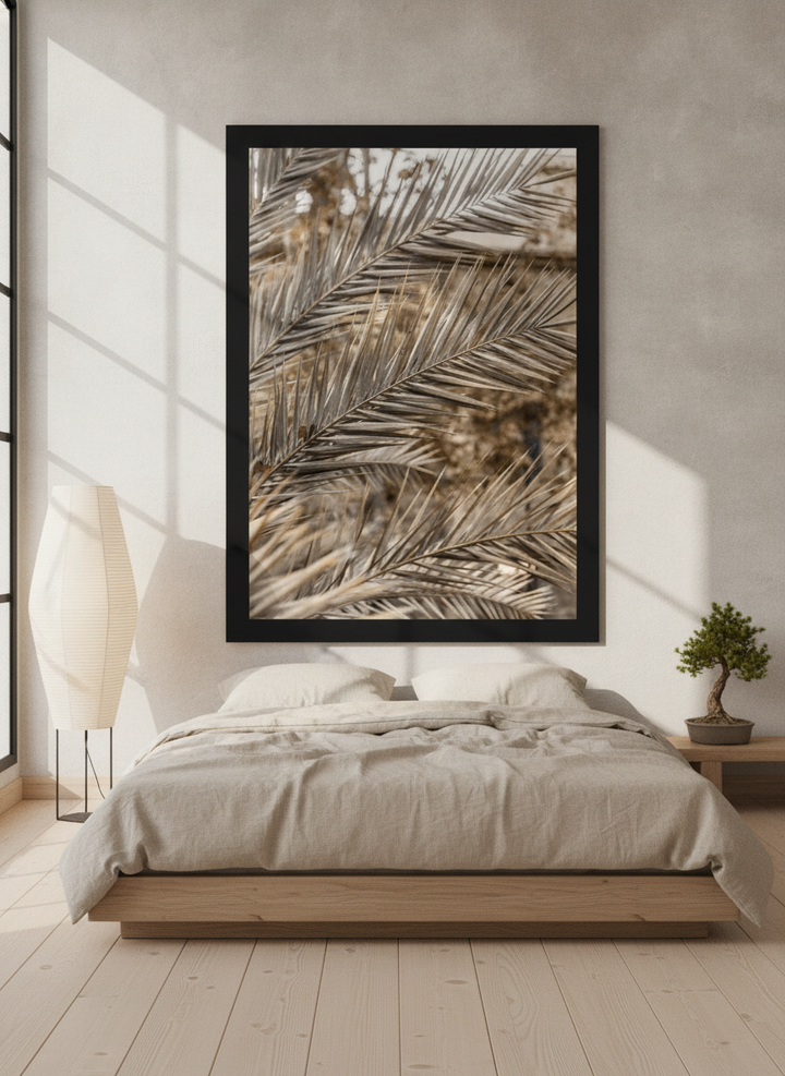 Oversized statement modern wall art print styled on the wall in a warm Japandi bedroom