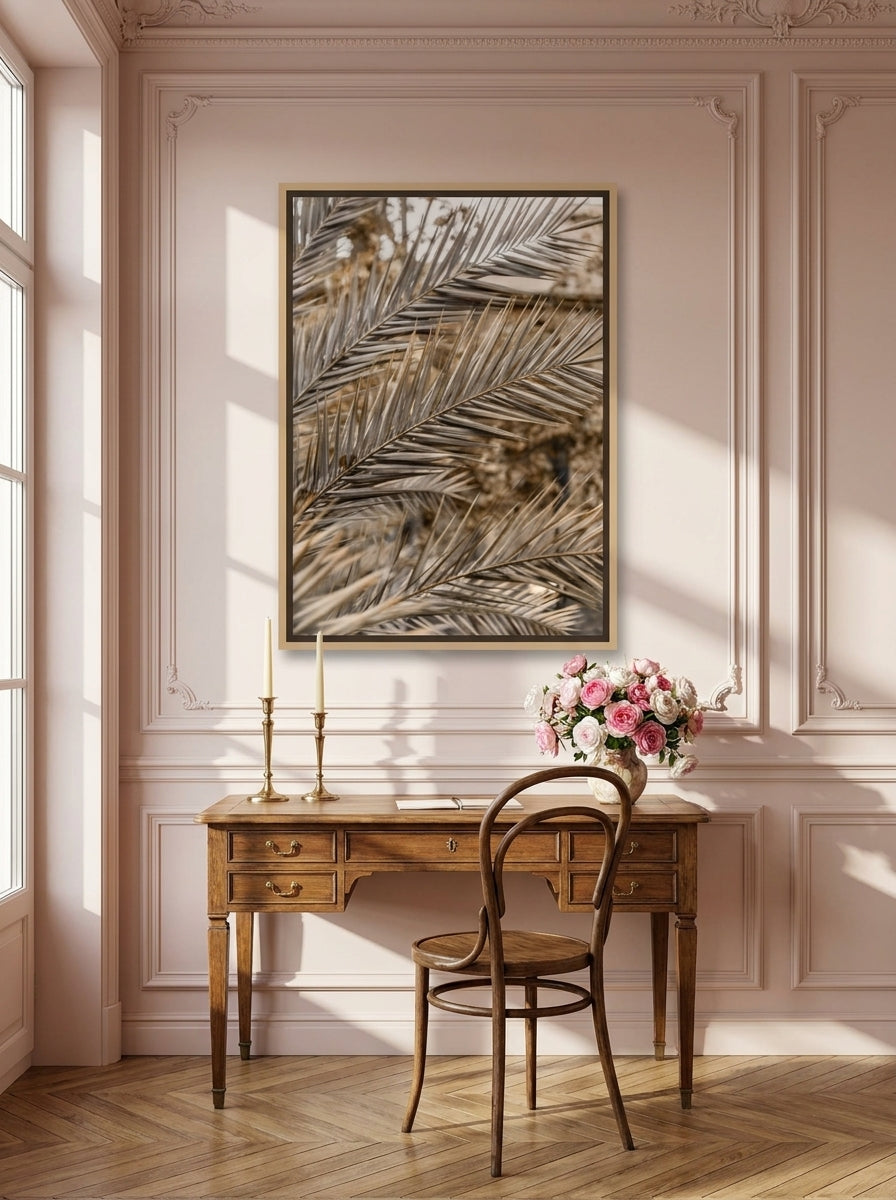 Canvas wall art with a natural timber surround styled on the wall in a Parisian home office
