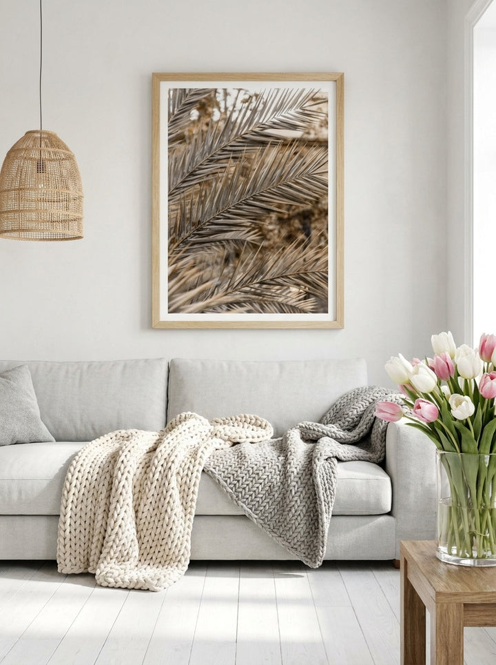 Modern wall art print styled on the wall in a bright Scandinavian living room