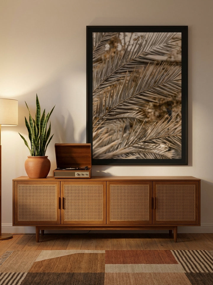 Oversized statement modern wall art print styled on the wall in a mid-century living room