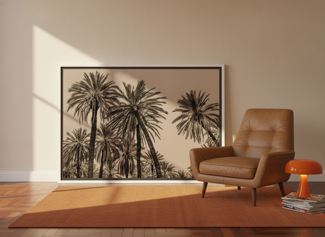 Canvas wall art with a white surround leaning against the wall in a retro 70s dining room