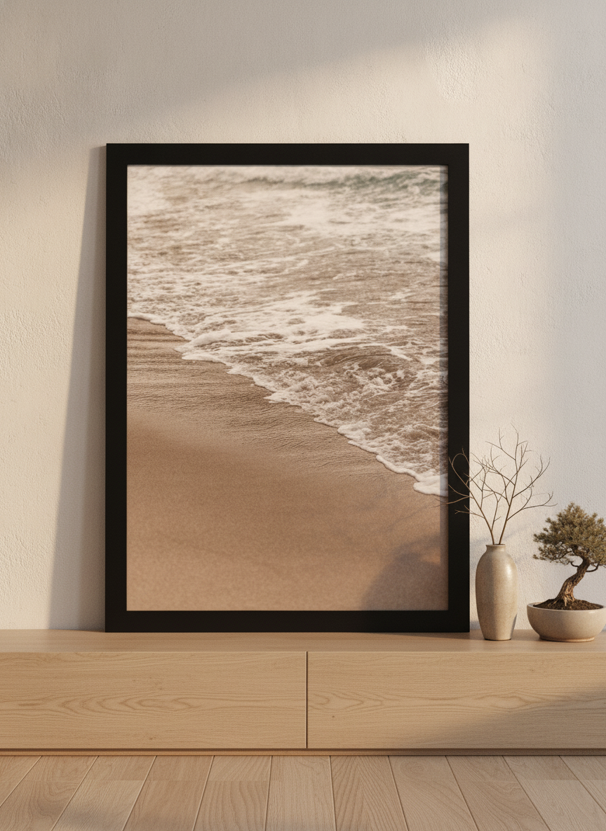 Modern wall art print standing on a sideboard in a warm Japandi bedroom