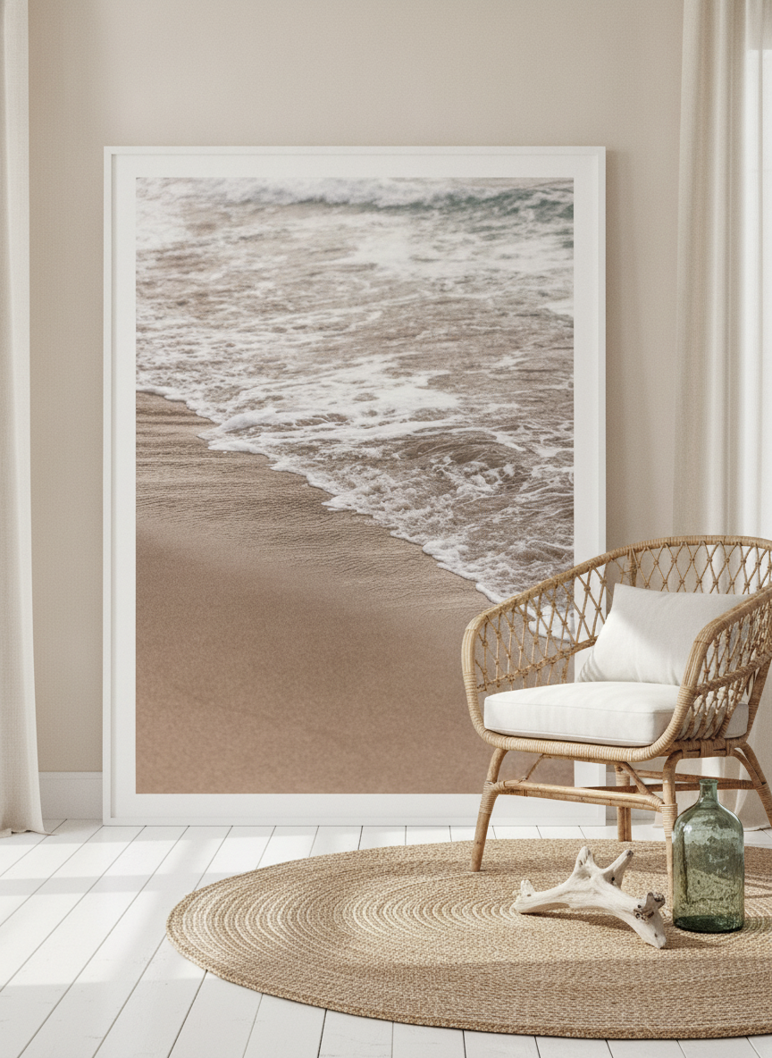 Oversized statement modern wall art print leaning against the wall in a coastal dining room