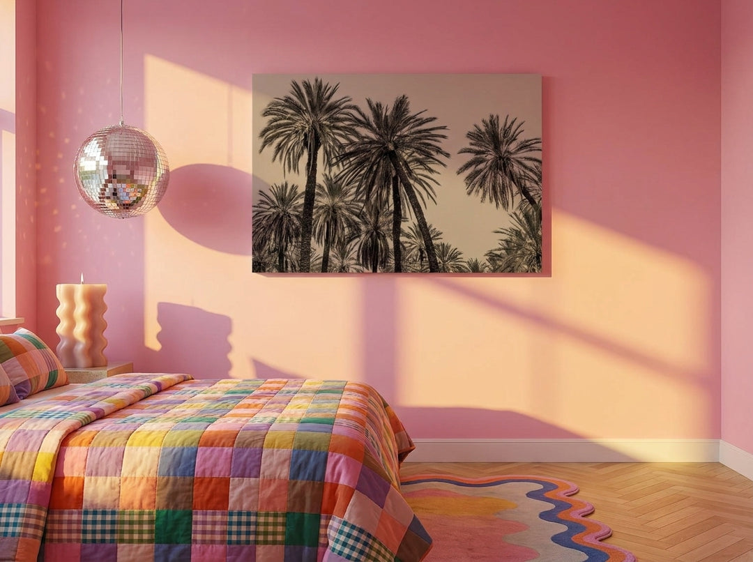 Stretched canvas wall art styled on the wall in a colourful eclectic bedroom
