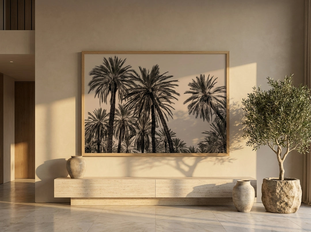 Oversized statement modern wall art print styled on the wall in a luxe living room
