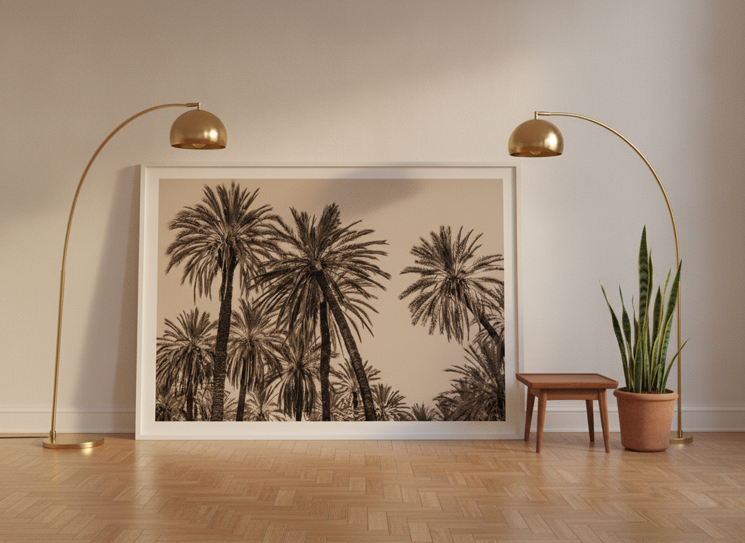 Oversized statement modern wall art print leaning against the wall in a mid-century living room