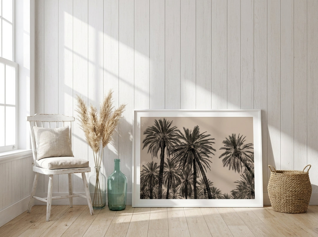 Modern wall art print leaning against the wall in a coastal home office