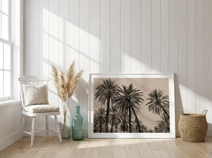 Modern wall art print leaning against the wall in a coastal home office