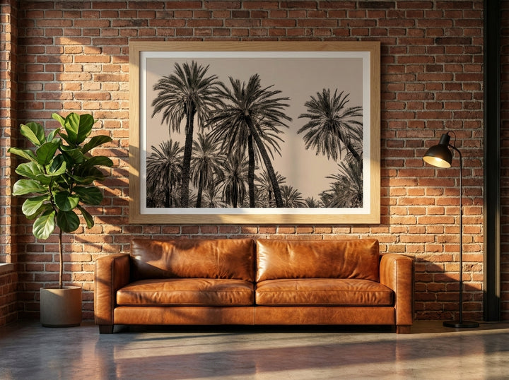 Modern wall art print styled on the wall in an industrial loft living room