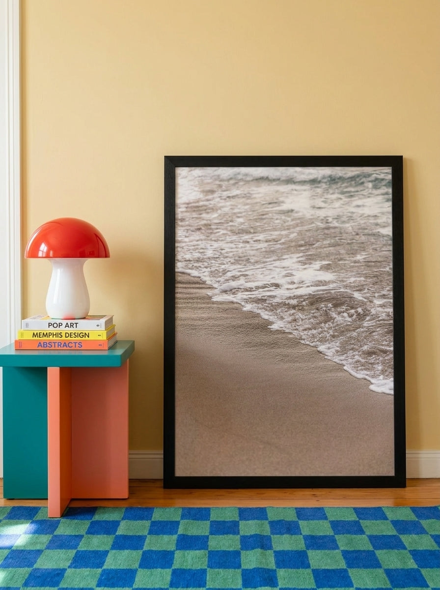 Modern wall art print leaning against the wall in a colourful eclectic home office