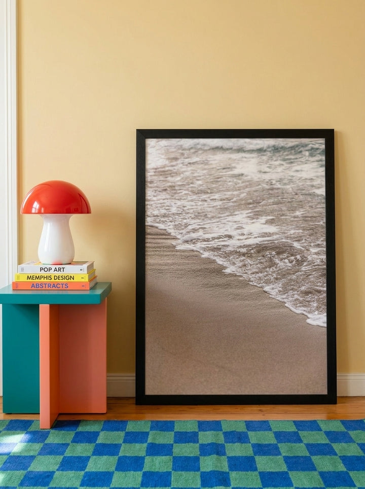 Modern wall art print leaning against the wall in a colourful eclectic home office
