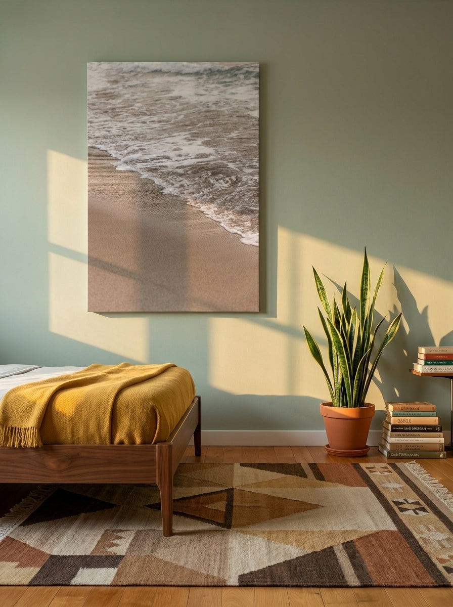 Stretched canvas wall art styled on the wall in a mid-century bedroom