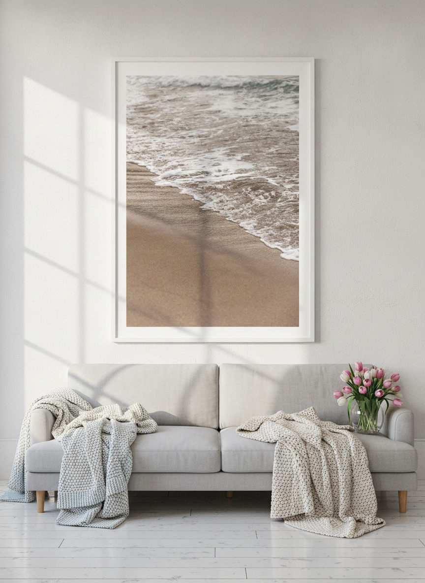 Oversized statement modern wall art print styled on the wall in a bright Scandinavian living room