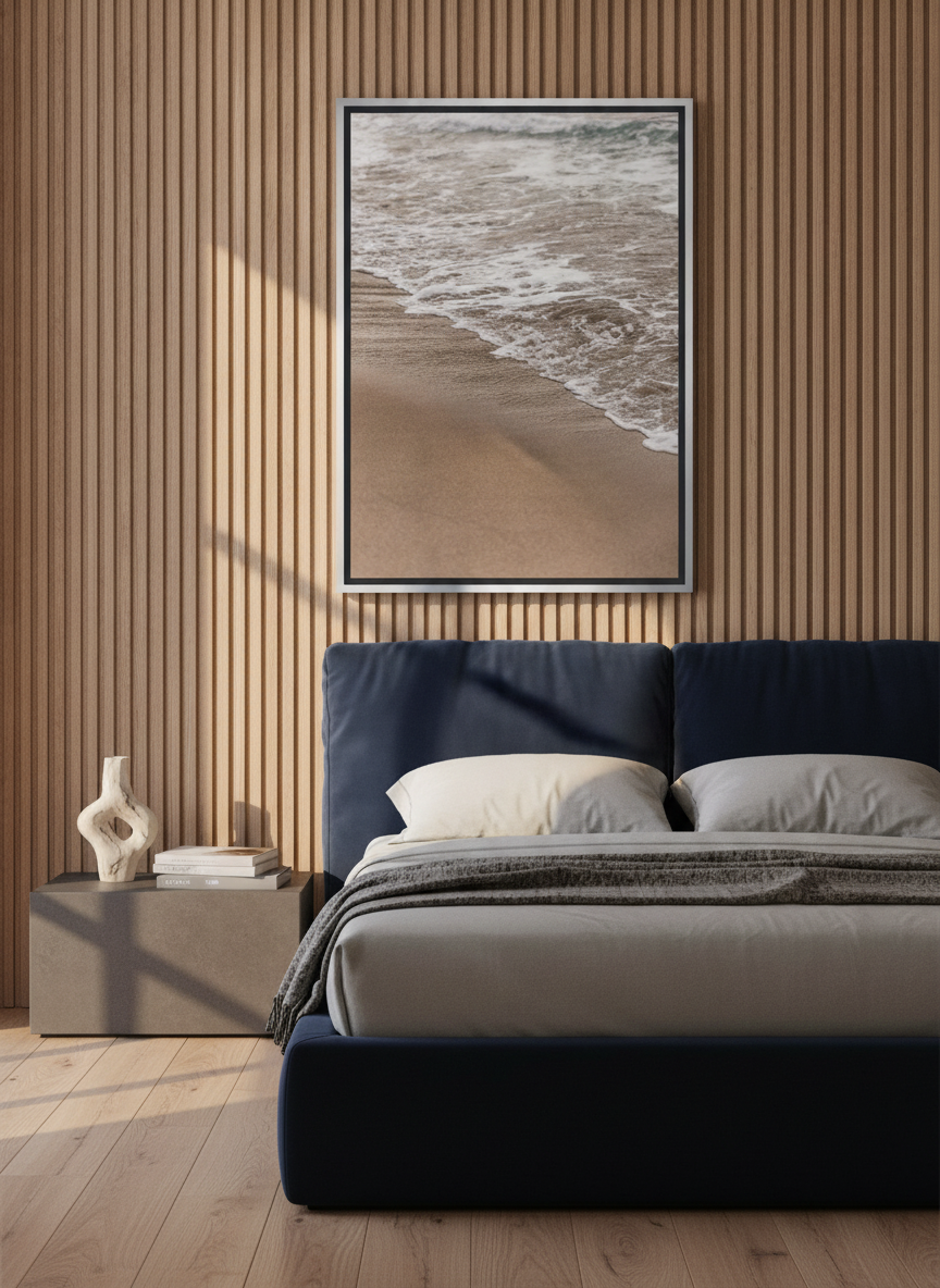 Canvas wall art with a silver leaf surround styled on the wall in a luxe bedroom