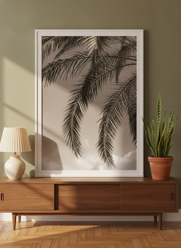 Modern wall art print standing on a sideboard in a mid-century living room