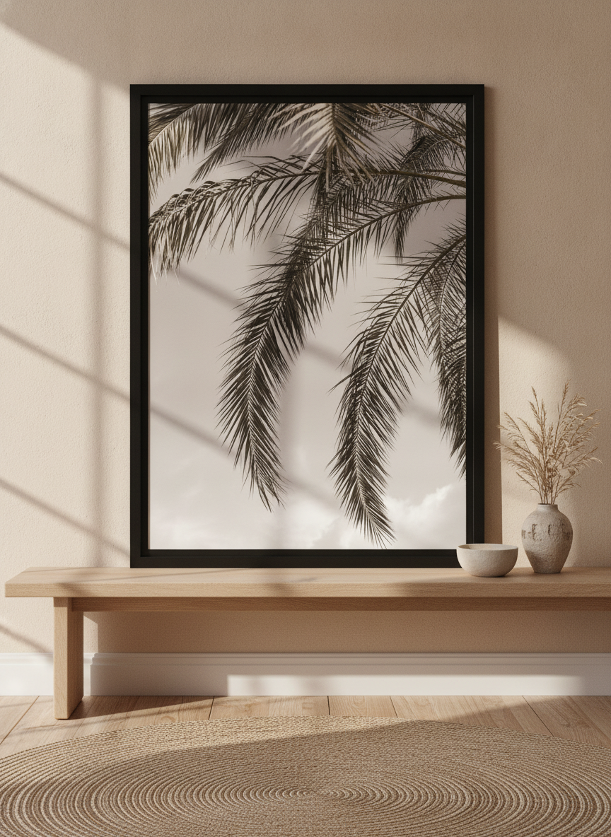 Modern wall art print standing on a bench in a warm Japandi bedroom