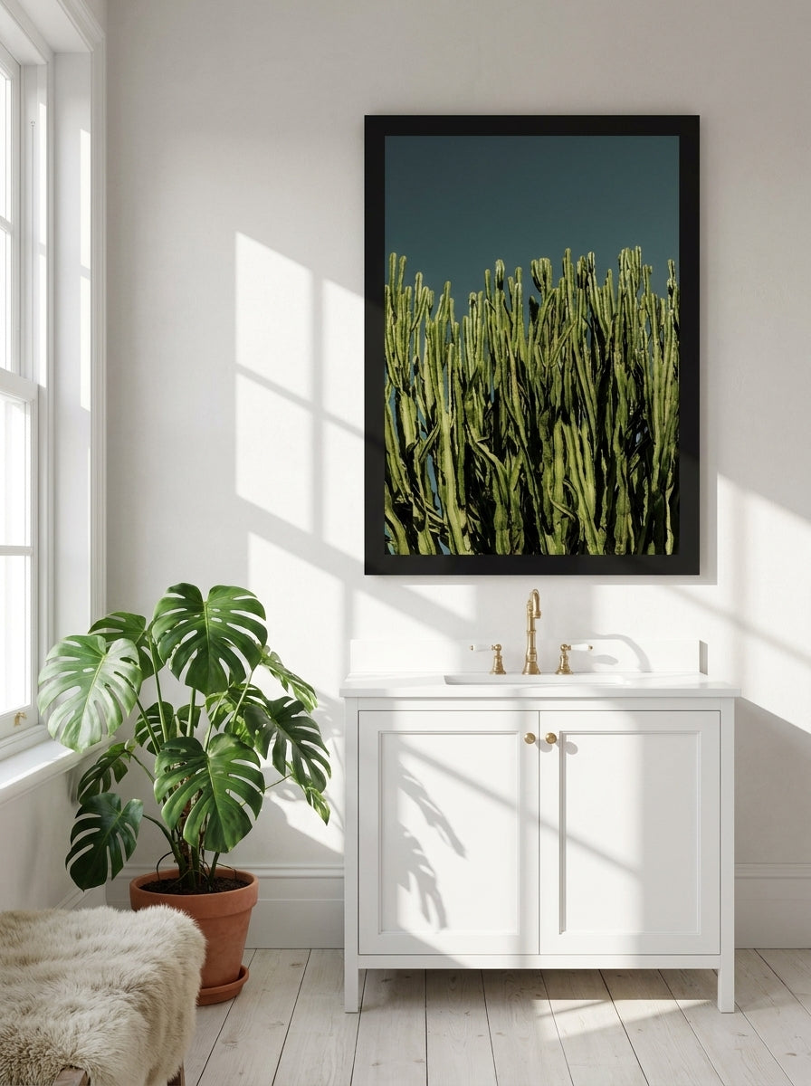 Modern wall art print styled on the wall in a bright Scandinavian bathroom