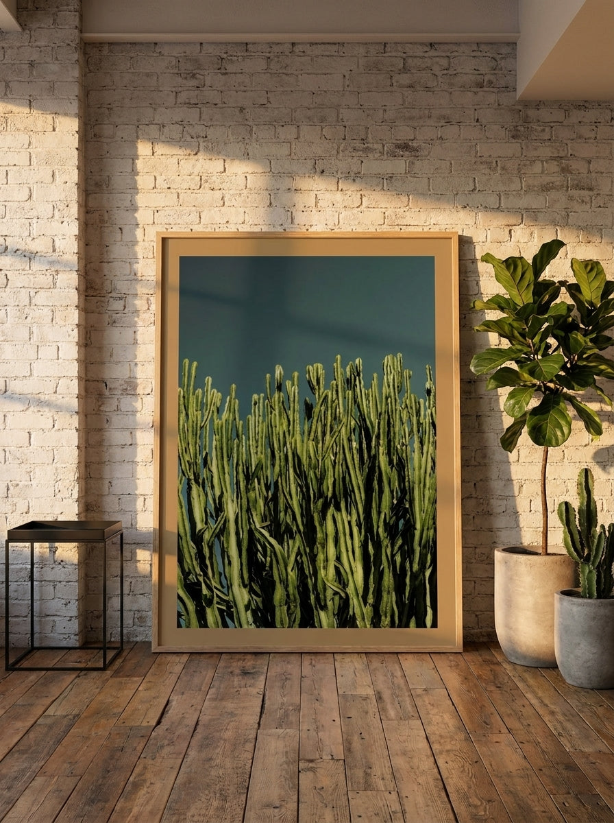 Oversized statement modern wall art print leaning against the wall in an industrial loft dining room