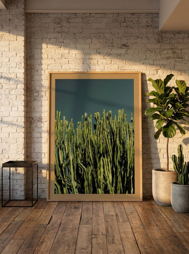 Oversized statement modern wall art print leaning against the wall in an industrial loft dining room