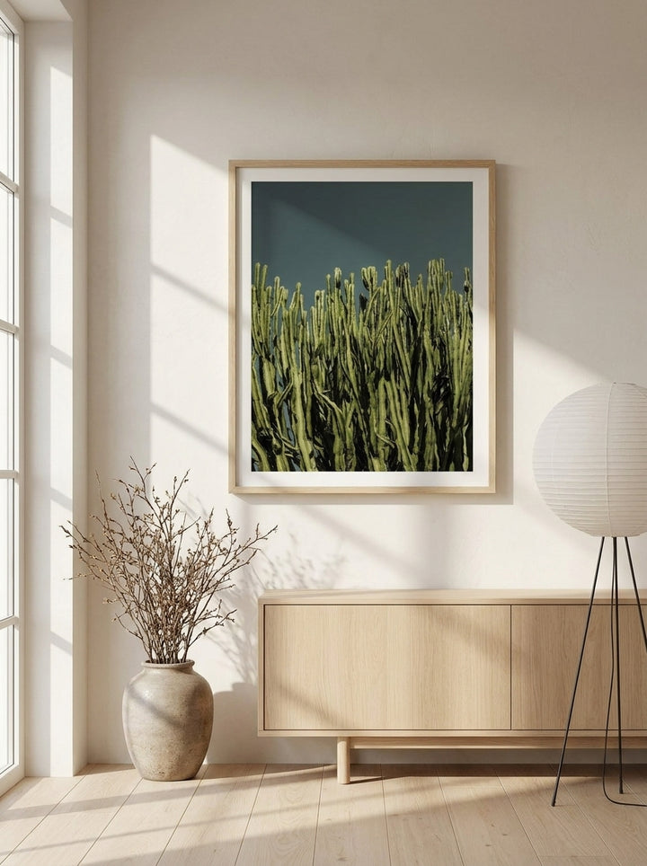 Modern wall art print styled on the wall in a warm Japandi living room
