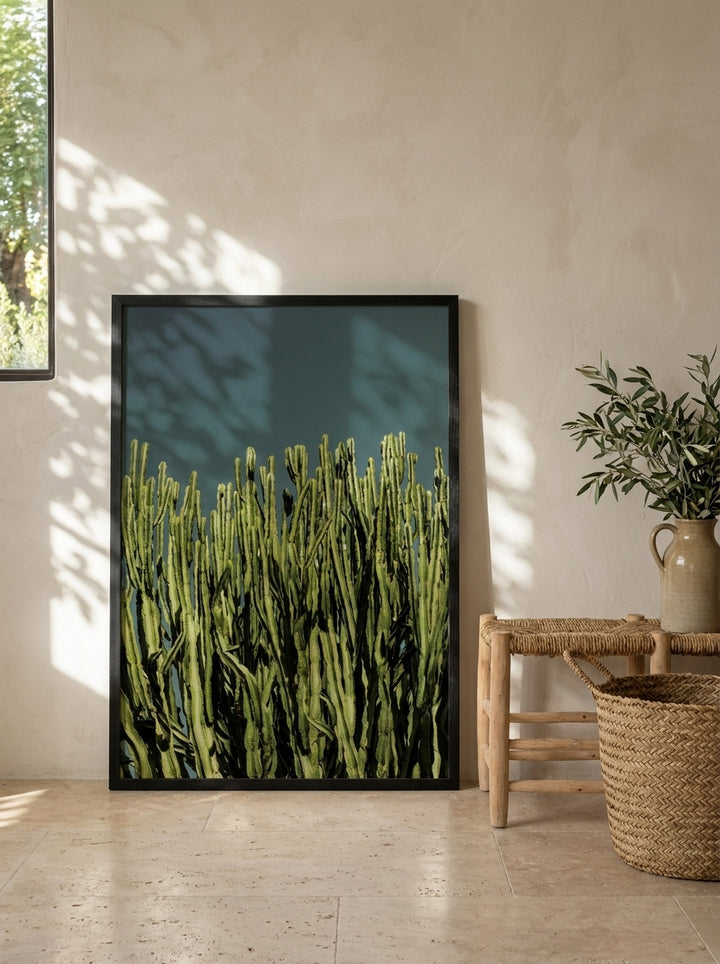 Modern wall art print leaning against the wall in a Mediterranean home office