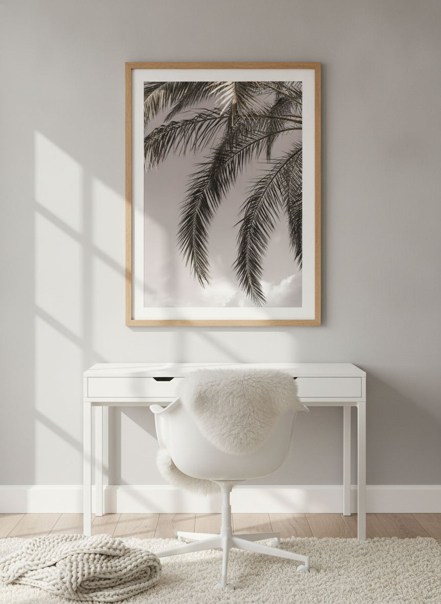 Modern wall art print styled on the wall in a bright Scandinavian home office