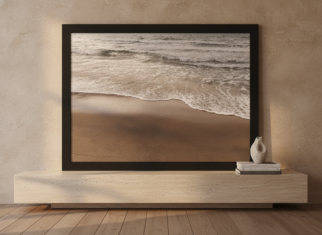 Modern wall art print standing on a console in a luxe home office
