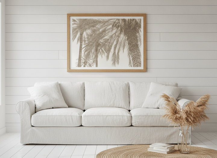 Modern wall art print styled on the wall in a coastal living room