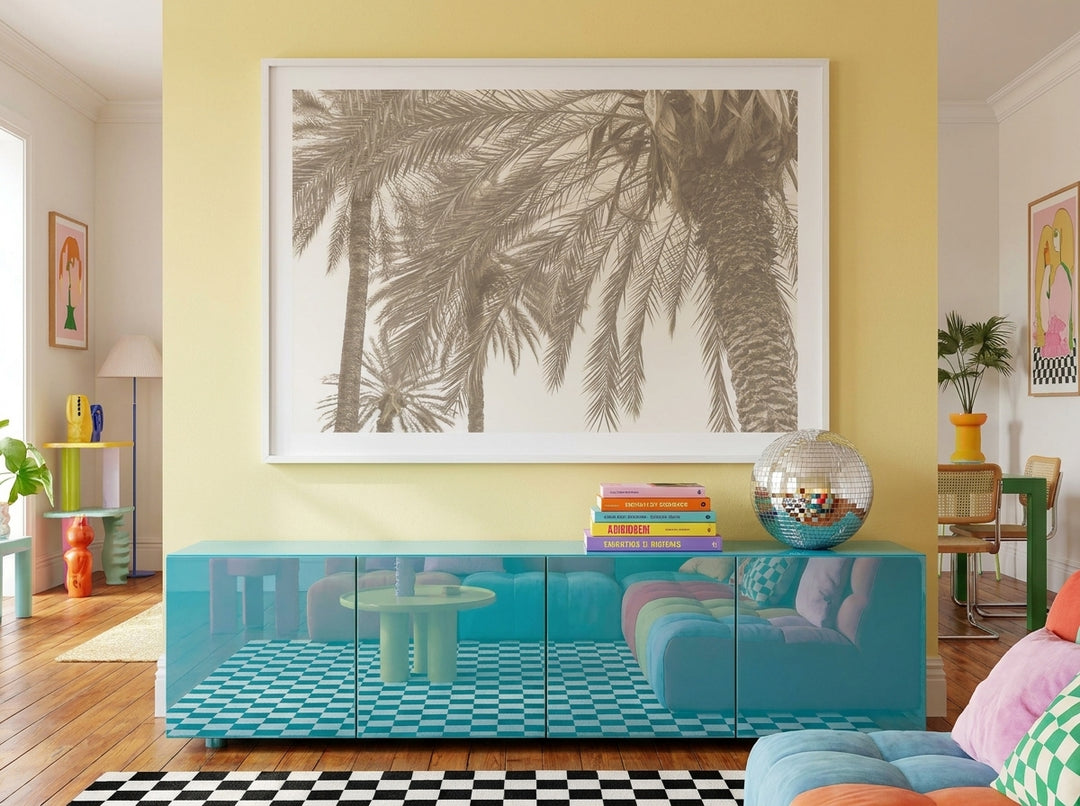 Oversized statement modern wall art print styled on the wall in a colourful eclectic living room
