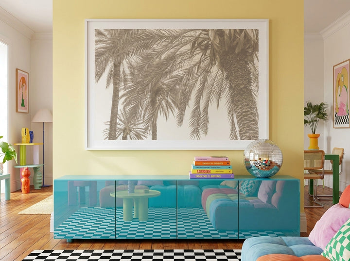 Oversized statement modern wall art print styled on the wall in a colourful eclectic living room