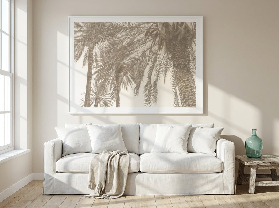 Oversized statement modern wall art print styled on the wall in a coastal living room