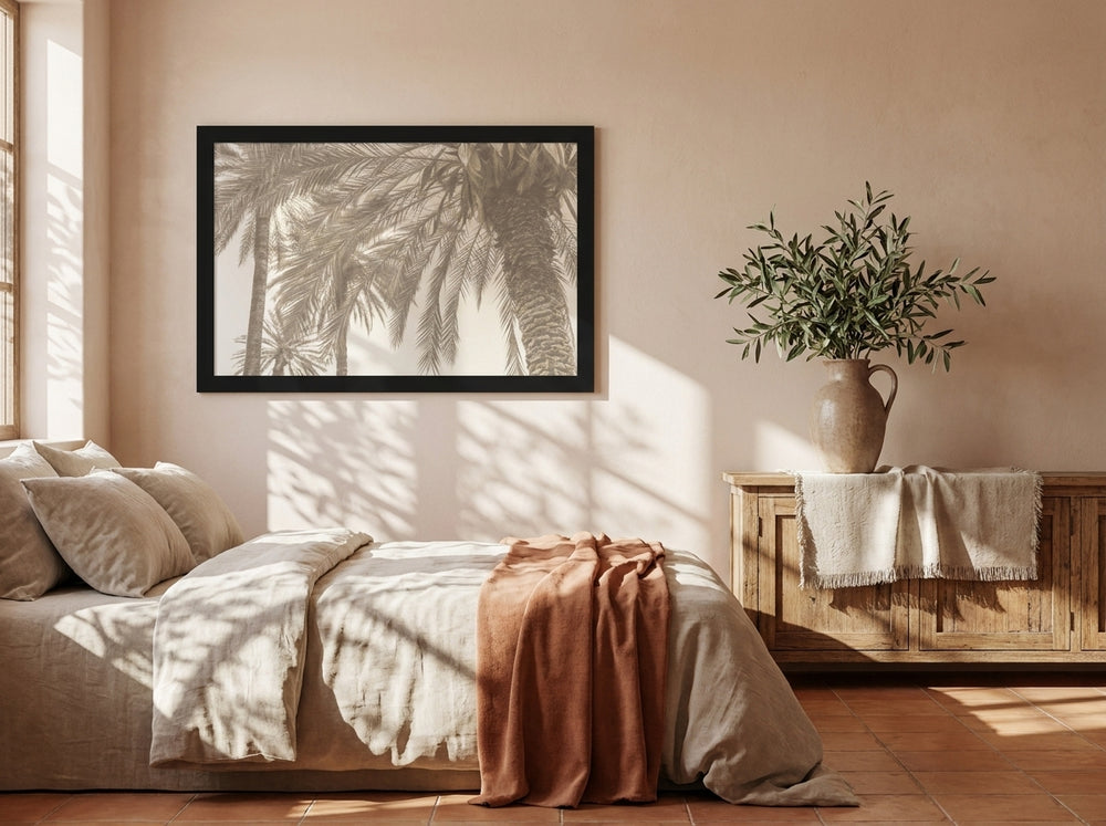 Modern wall art print styled on the wall in a Mediterranean bedroom