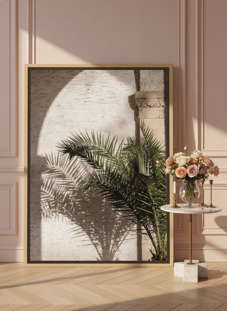 Oversized statement canvas wall art with a natural timber surround leaning against the wall in a Parisian bathroom